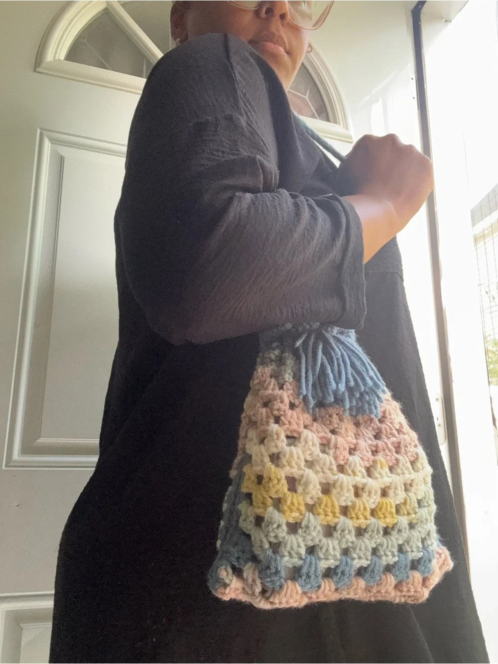 Handmade Crochet Granny Stitch Drawstring Bucket Bag | Boho Tassel Purse